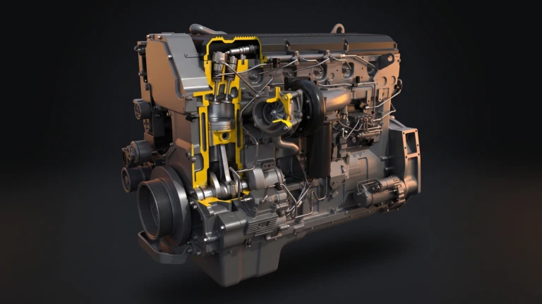 Motor diésel de seis cilindros en corte con el pistón, la biela, las válvulas y el turbo a la vista, con los cortes en amarillo