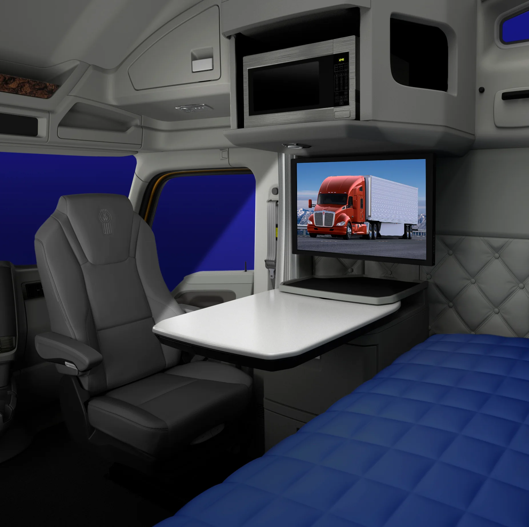 Dormitorio del Kenworth W990 con pantalla
