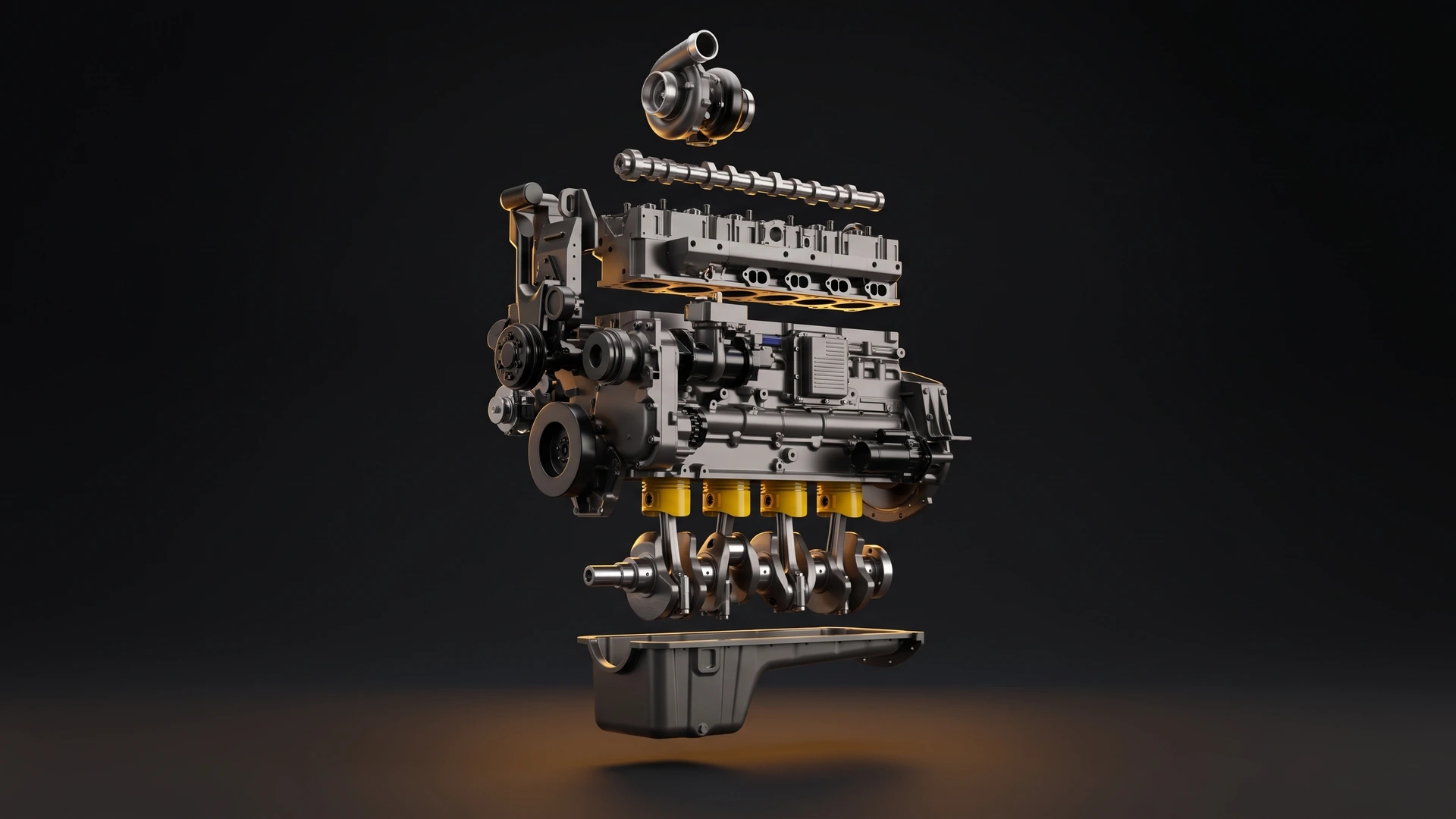 Despiece de un motor diésel: turbo, árbol de levas, cabeza, monoblock, pistones, cigüeñal y cárter